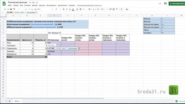 Функция ЕСЛИ в Google Таблицах // Логические функции смотреть онлайн