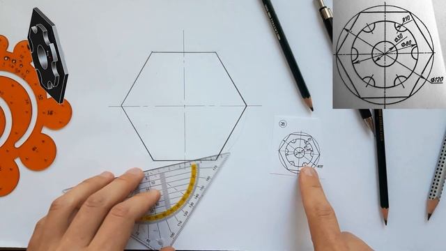 Деление окружности на равные части. Начертить фигуру по заданным размерам. 6-угольник с контуром смотреть онлайн