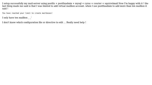 DevOps & SysAdmins: postfixadmin can add only 10 virtual mailbox? смотреть онлайн