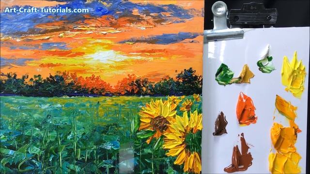 Challenge #21 Sunflower Field Landscape Oil Painting Textured Impasto Palette Knife on Canvas смотреть онлайн