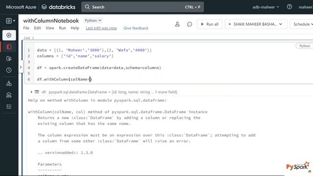 10. withColumn() in PySpark | Add new column or Change existing column data or type in DataFrame смотреть онлайн
