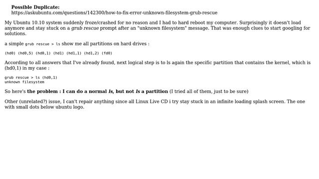 Ubuntu: Ls On Grub Rescue - Unknown Filesystem