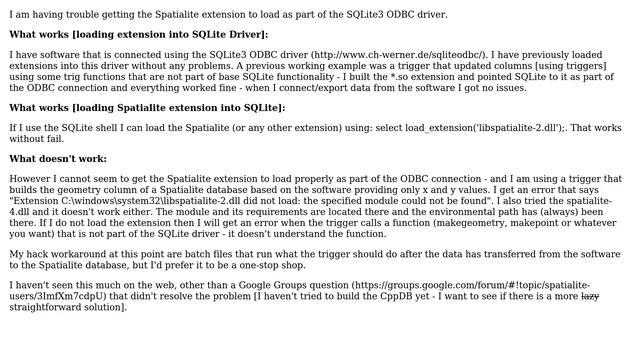 GIS: Loading Spatialite extension via SQLite3 ODBC Driver? смотреть онлайн