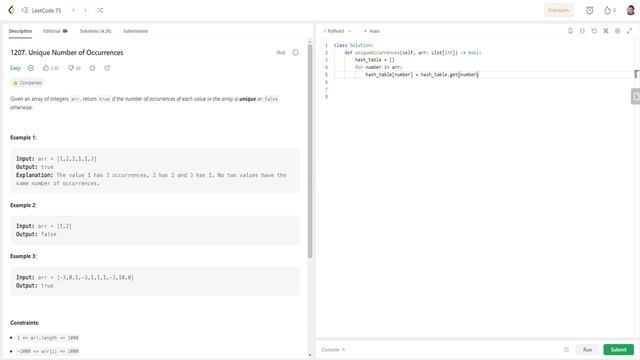 LeetCode | Task "1207. Unique Number of Occurrences" | Python solution смотреть онлайн