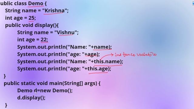 Java | Variables | Variable Shadowing | Local Variables | Instance Variables| this keyword| Example смотреть онлайн