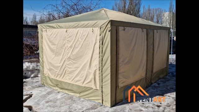Шатер 4 на 3 на природу и дачу оливково бежевый с москитными сетками съемка сверху Tentart Ru