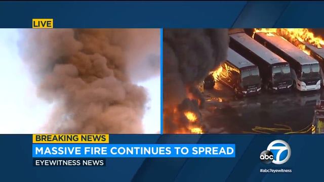 Massive fire at Compton industrial complex rips through structures, buses | ABC7 смотреть онлайн