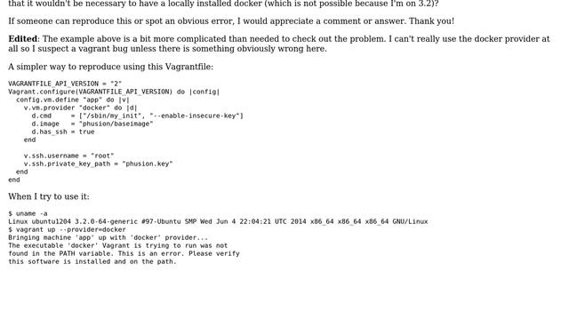 Vagrant (docker provider) looks for local docker in $PATH even if vagrantfile is present смотреть онлайн