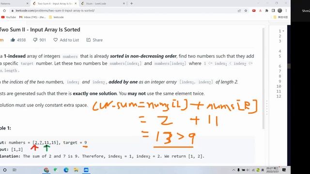 Leetcode 167. Two Sum II. Input Array Is Sorted. Two Pointers. Python смотреть онлайн