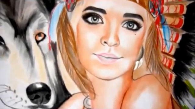 Цветной рисунок. Девушка, роуч, индеец, волк, цветные карандаши