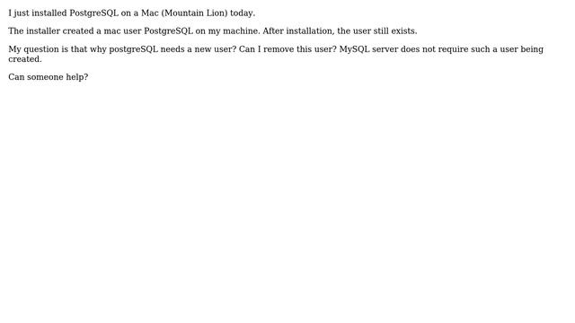Databases: PostgreSQL created a PostgreSQL user on mac. Is this necessary? смотреть онлайн