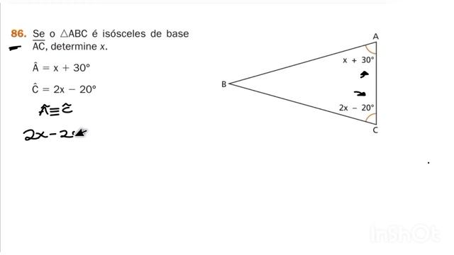 86- Se o triângulo ABC é isósceles de base AC, determine X. смотреть онлайн