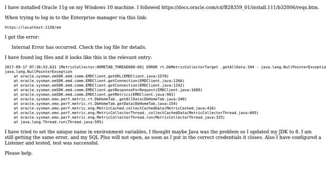 Databases: Oracle 11g Enterprise Manager Login Fail Internal Error has Occured смотреть онлайн