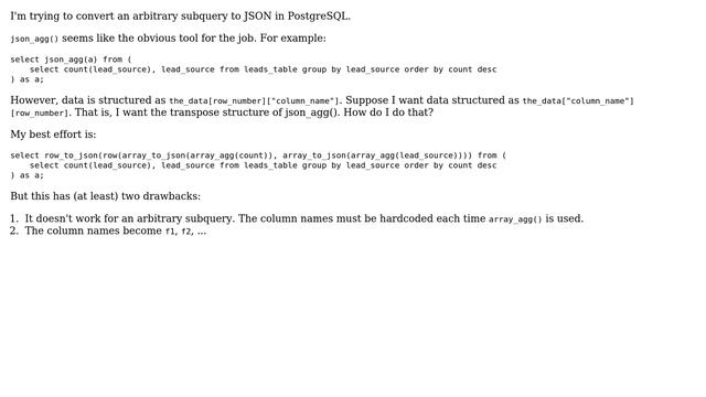 Databases: How do I return JSON structured as the transpose of json_agg() in PostgreSQL? смотреть онлайн
