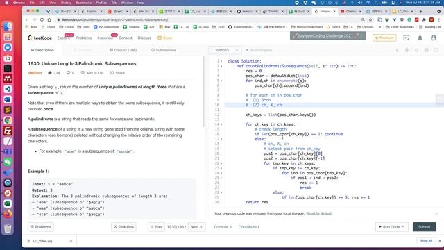 Leetcode 1930. Unique Length-3 Palindromic Subsequences (Python) смотреть онлайн