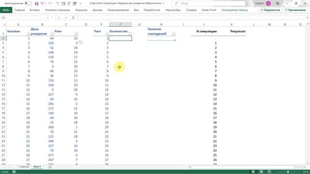Excel Симуляции. Парадокс дня рождения (Вероятности, Таблица данных, СЛУЧМЕЖДУ, РАНГ, СЧЁТЕСЛИ) смотреть онлайн