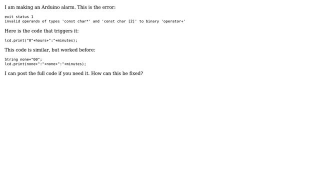 Arduino: Why do I get "invalid operands of types 'const char\*'" error? смотреть онлайн