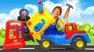 Ремонт машин: маленький экскаватор застрял внутри самосвала! Развивающие видео про машинки