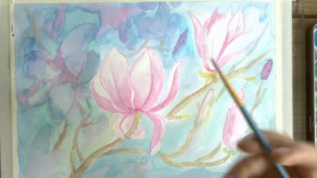 Акварель #2_7мин Рисуем веточку магнолии. Цикл видео по акварели по 7 минут. смотреть онлайн