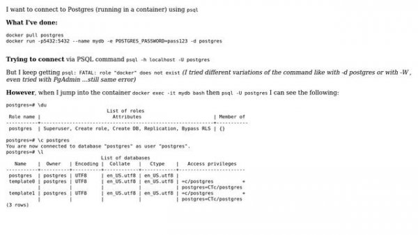 Databases: connecting to Postgres running inside docker container 'posgres' does not exist
