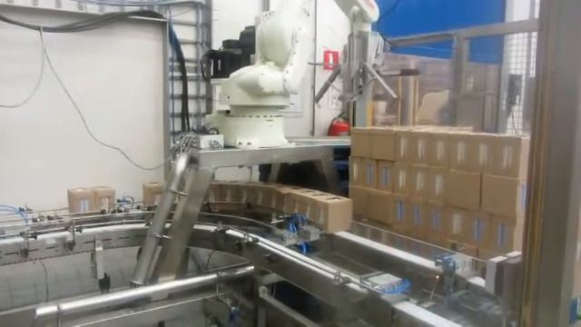Робот Kawasaki RD80N укладывает упаковки коробок с соком на палету