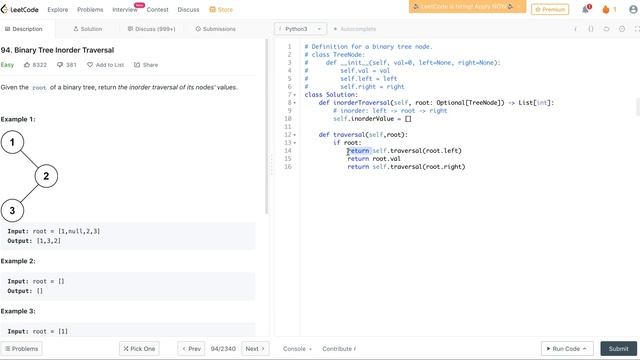 Leetcode 94 Binary Tree Inorder Traversal - Python смотреть онлайн