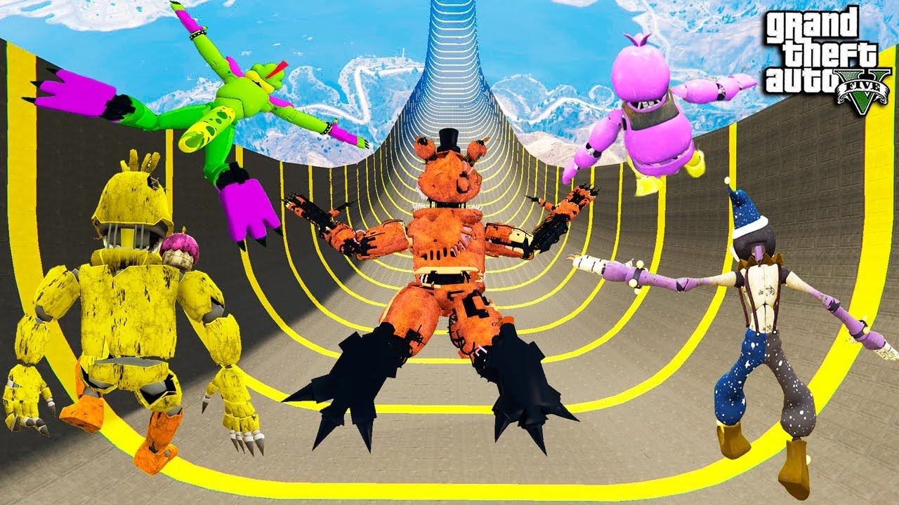 СПУСК БЕЗ ТОРМОЗОВ ПО ТРАМПЛИНУ ЗА АНИМАТРОНИКОВ ФНАФ в ГТА 5 МОДЫ! FNAF SECURITY BREACH смотреть онлайн