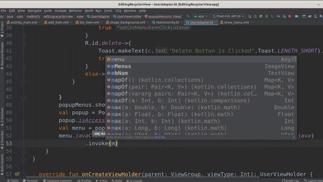 kotlin android how to add in recyclerview popup menu/how to delete and update item in recyclerview смотреть онлайн