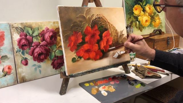PINTURA DE UM CESTO DE PALHA COM PAPOULAS VERMELHAS
