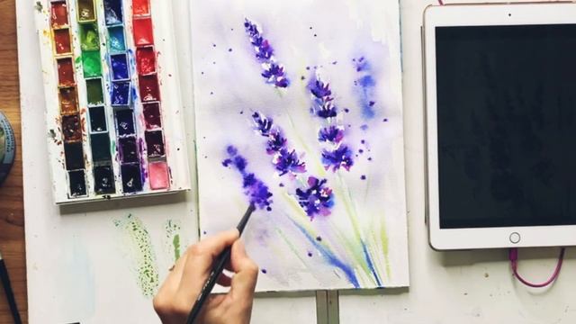 Процесс рисования, лаванда, полевые цветы акварелью, для начинающих. смотреть онлайн