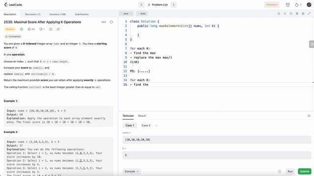 Leetcode 2530 Maximal Score After Applying K Operations (Java) - Leetcode Contest 327 смотреть онлайн