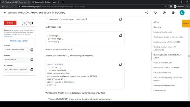 Working with JSON Arrays and Structs in BigQuery Qwiklabs смотреть онлайн