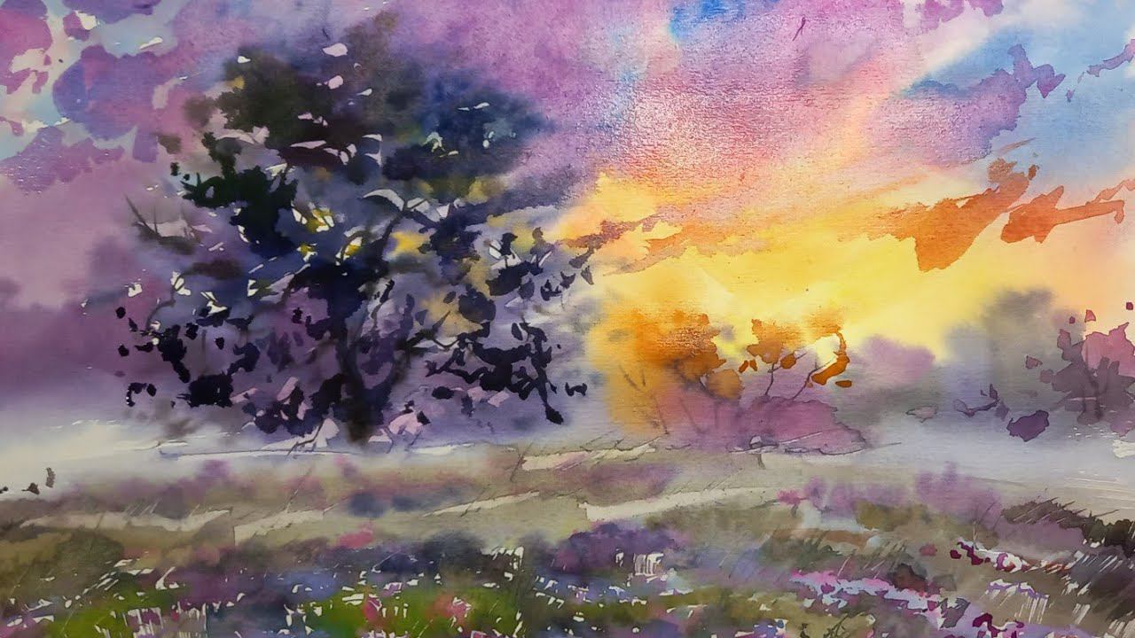 Летний вечер, пейзаж акварелью смотреть онлайн