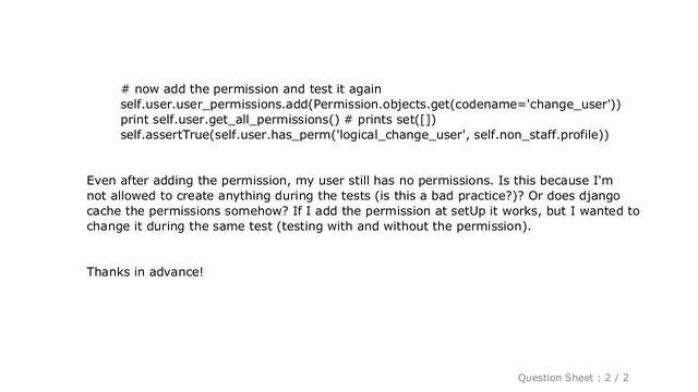 Django : can't change user permissions during unittest in django смотреть онлайн