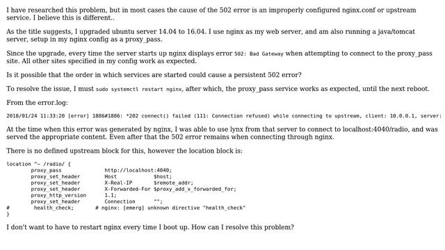 After upgrade from ubuntu 14.04 to 16.04, nginx error 502: bad gateway until nginx is restarted смотреть онлайн