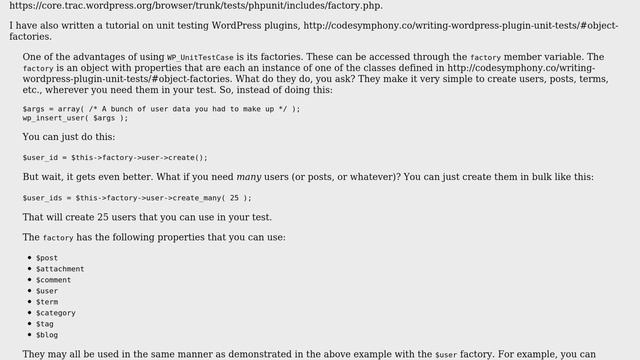 Wordpress: Where can I find documentation for the WP_UnitTestCase factory classes? (2 Solutions!!) смотреть онлайн
