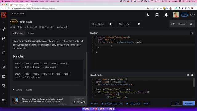 РЕШЕНИЕ задания Codewars для собеседования на JavaScript. Пары перчаток - Pair of gloves. смотреть онлайн