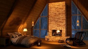 Деревенский дом | Лофт и горящий  камин | Чердак с камином и снегопад за окном  для сна и отдыха