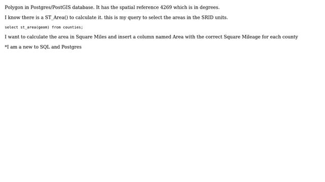 GIS: Postgres/PostGIS calculate area of Polygon in Square Miles смотреть онлайн