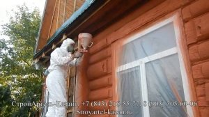 Фасад дома. Напыление пробкового покрытия на деревянный сруб