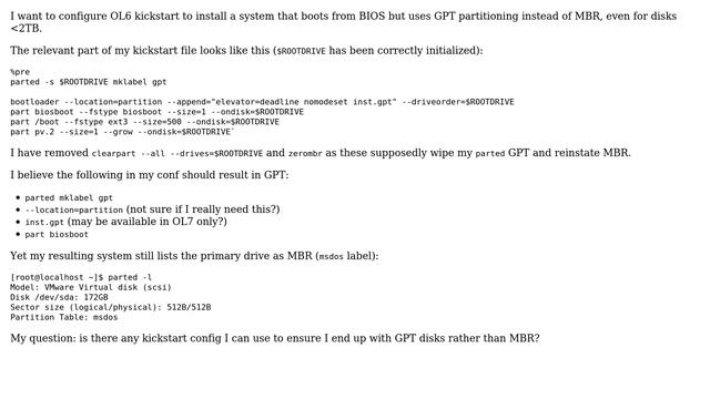 Unix & Linux: How to force GPT partitions in kickstart for Oracle Linux 6? смотреть онлайн