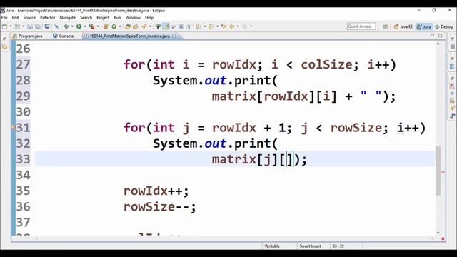 print matrix in spiral form iterative in java смотреть онлайн