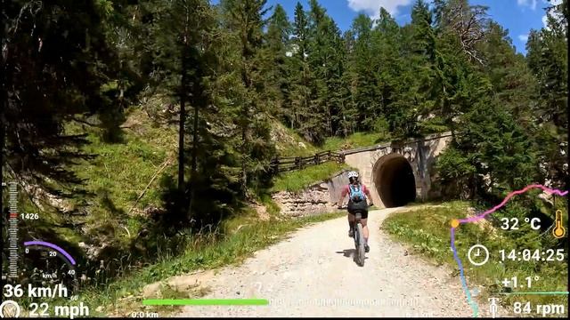 Scenic Indoor Cycling Old Train Bike Way Cortina D'Ampezzo With Telemetry Overlay 4K Video