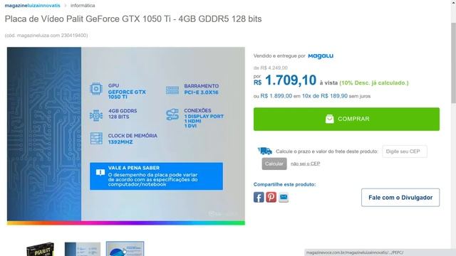 PLACA DE VÍDEO PALIT GEFORCE GTX 1050 TI - 4GB GDDR5 128 BITS смотреть онлайн