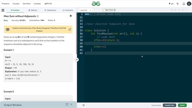 Maximum Sum without Adjacents || Problem of The Day | Geeks for Geeks || POTD смотреть онлайн