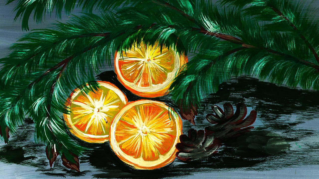 Нарисуем Новогодний натюрморт. Рисуем ветку елки и апельсины. Правополушарное рисование. Натюрморт смотреть онлайн