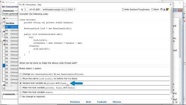 Making a ReentrantLock thread safe. (enthuware.ocpjp.v11.2.3362) смотреть онлайн