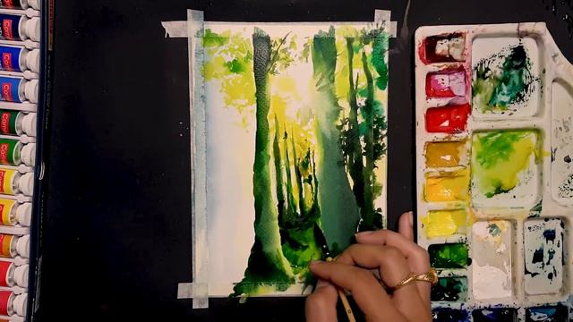 Painting sunlight through forest watercolor || Easy for beginners || tutorial wet and dry technique смотреть онлайн