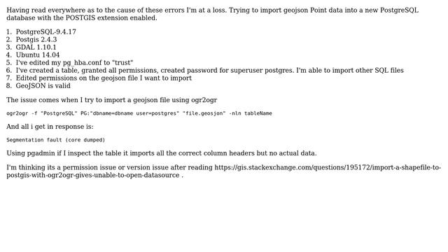 GIS: ogr2ogr importing geojson into PostgreSQL Error "Segmentation fault (core dumped)" смотреть онлайн