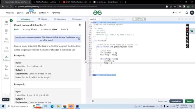Count Nodes of Linked list in java | GeeksforGeeks Problem | Competitive Programming | The Advent смотреть онлайн